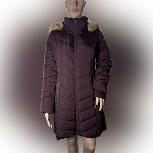 Tommy Hilfiger Maroon Faux-Fur-Trim Hooded Chevron Puffer Coat
